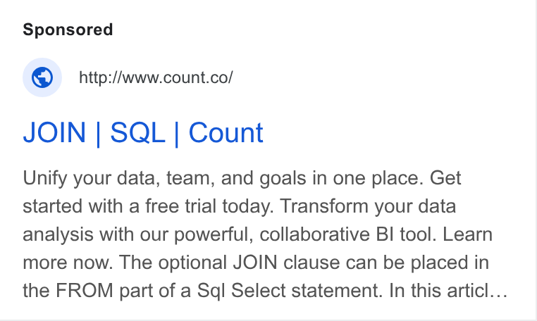 Count ad on Google Ads: JOIN | SQL | Count Unify your data, team, and goals in one place. Get started with a free trial today. Transform your data analysis with our powerful, collaborative BI tool. Learn more now. The optional JOIN clause can be placed in the FROM part of a Sql Select statement. In this articl...