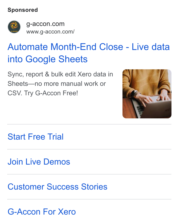 G-Accon ad on Google Ads: www.g-accon.com/ Automate Month-End Close - Live data into Google Sheets Sync, report & bulk edit Xero data in Sheets—no more manual work or CSV. Try G-Accon Free! Start Free Trial Join Live Demos Customer Success Stories G-Accon For Xero