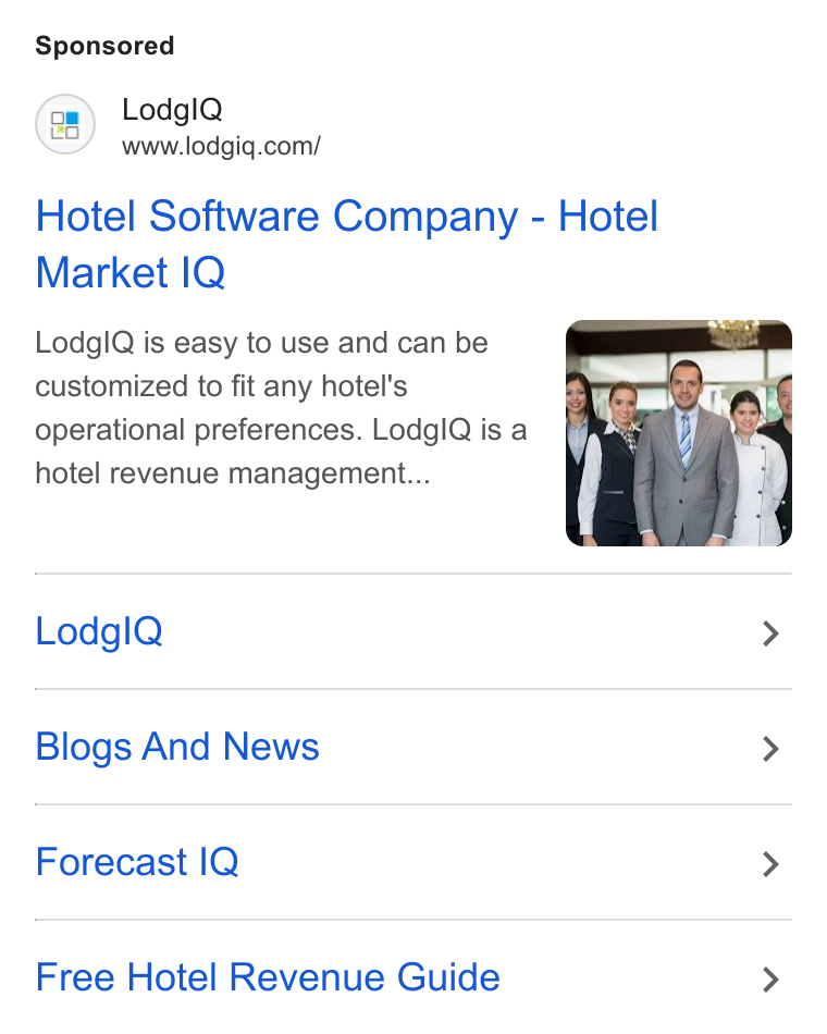 LodgIQ ad on Google Ads: Hotel Software Company - Hotel Market IQ Lodg IQ is easy to use and can be customized to fit any hotel's operational preferences. Lodg IQ is a hotel revenue management... Lodgl Q > Blogs And News > Forecast IQ > Free Hotel Revenue Guide >