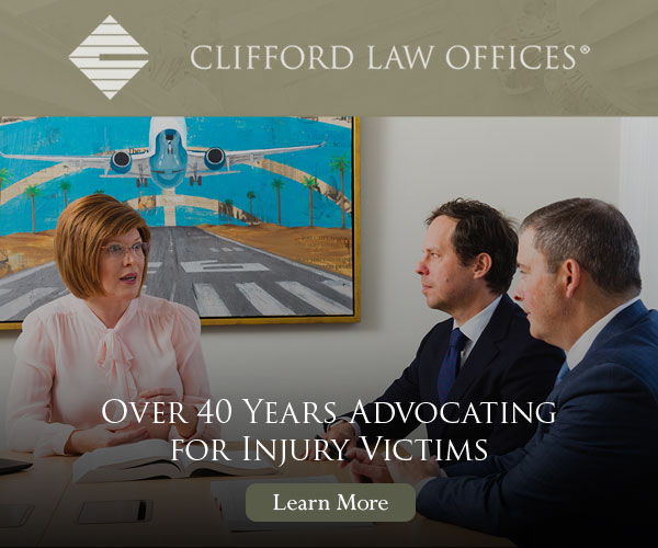 Ad: Clifford Law Offices featuring attorneys in discussion, promoting over 40 years of advocating for injury victims.