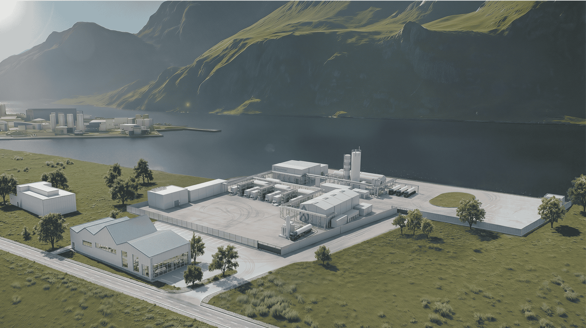 Illustrasjon av Gen2 Energys planlagte produksjonsanlegg for flytende hydrogen i Mosjøen. Anlegget skal etter planen settes i drift i 2029 og vil forsyne maritim sektor, industri og mobilitetssektoren.