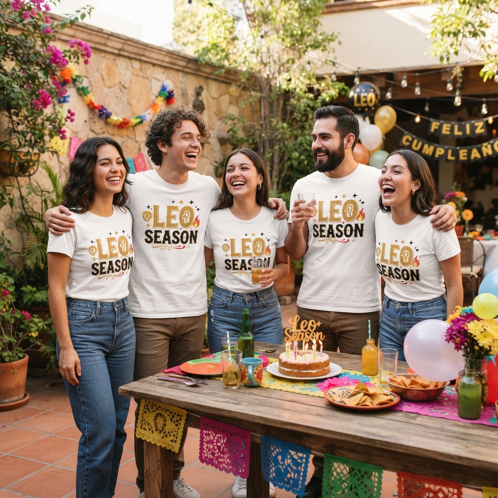 Grupo de amigos vistiendo playeras personalizadas de cumpleaños