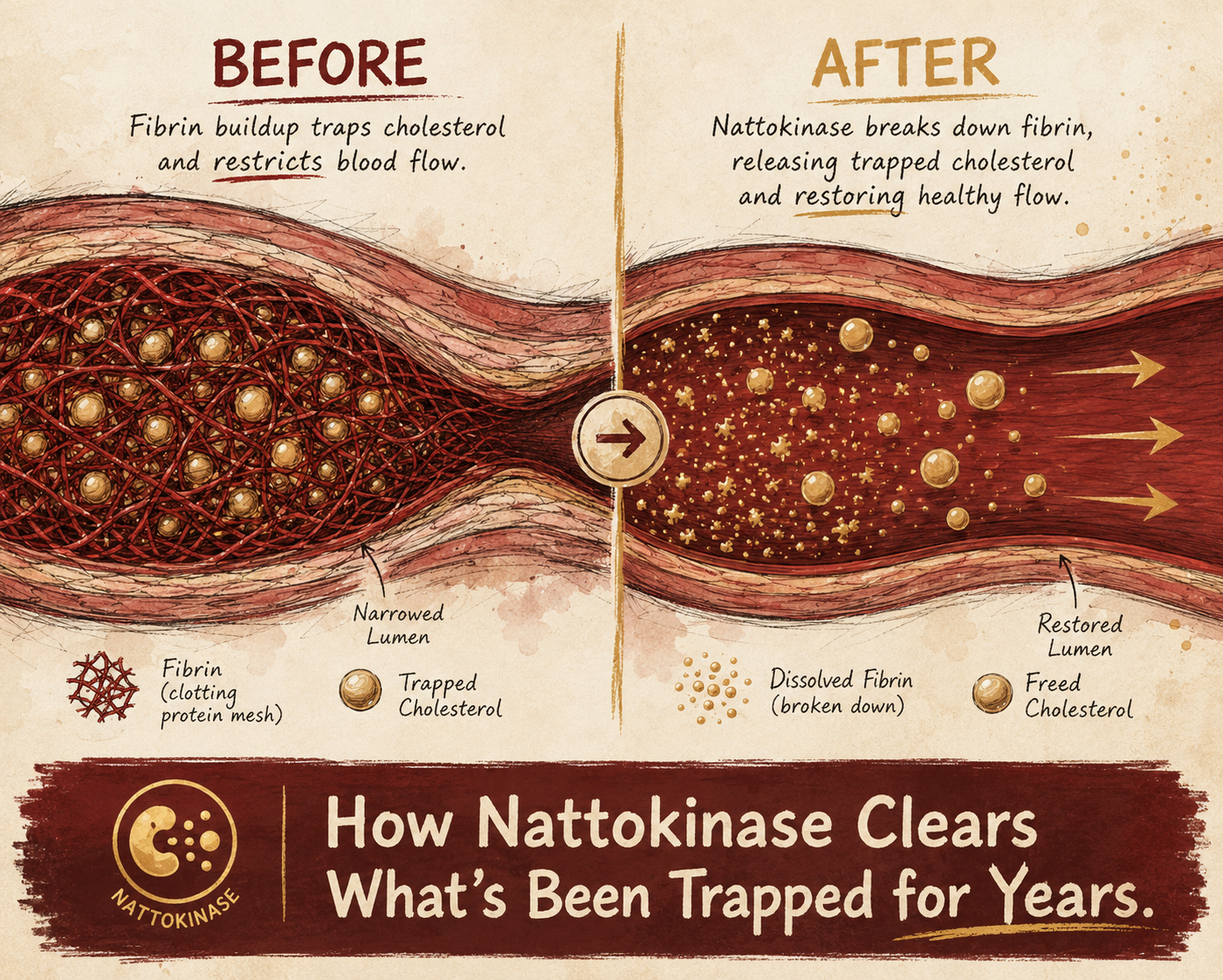 Diagram showing fibrin mesh trapping cholesterol in an artery wall before and after being cleared by nattokinase