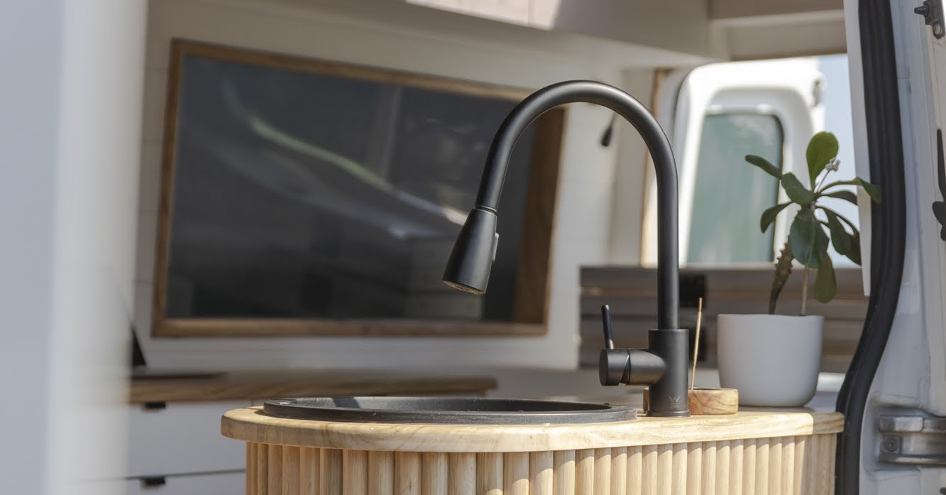 Custom timber camper kitchenette by Byron Bay Van Fitouts