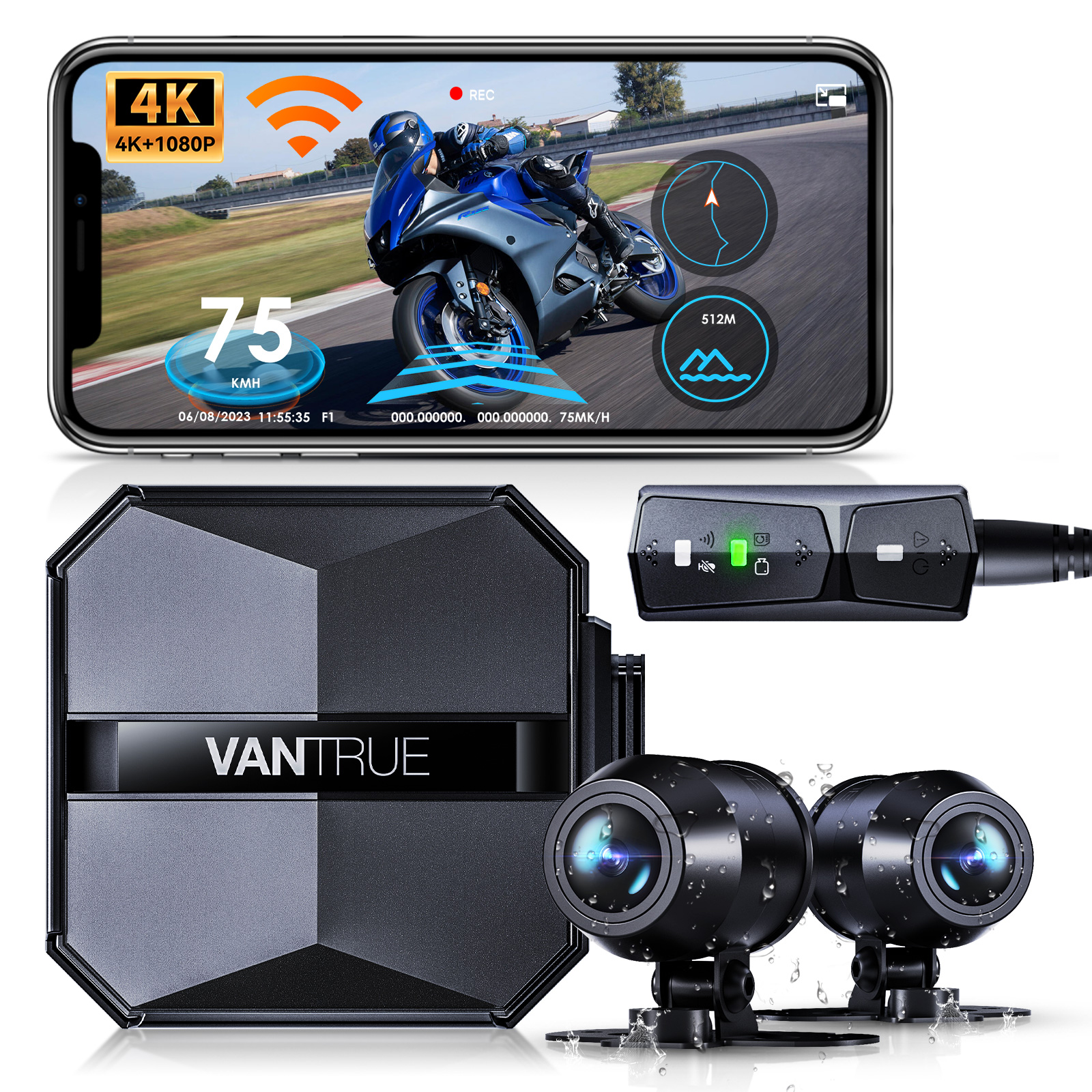 Vantrue F1 Motorcycle Dash Cam with GPS, WiFi, Waterproof Design | 160° Wide Angle | Starvis Night Vision | G-Sensor | Parking Mode | Supports 512GB M