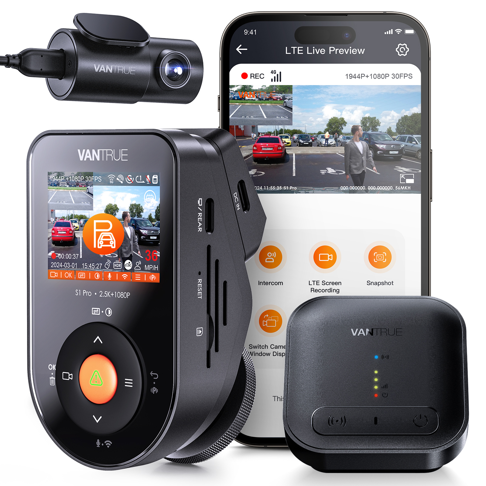 Vantrue S1 Pro Dash Cam With Cloud Storage , 2.7K + 1080P Front And Rear , Sony STARVIS 2 Sensors