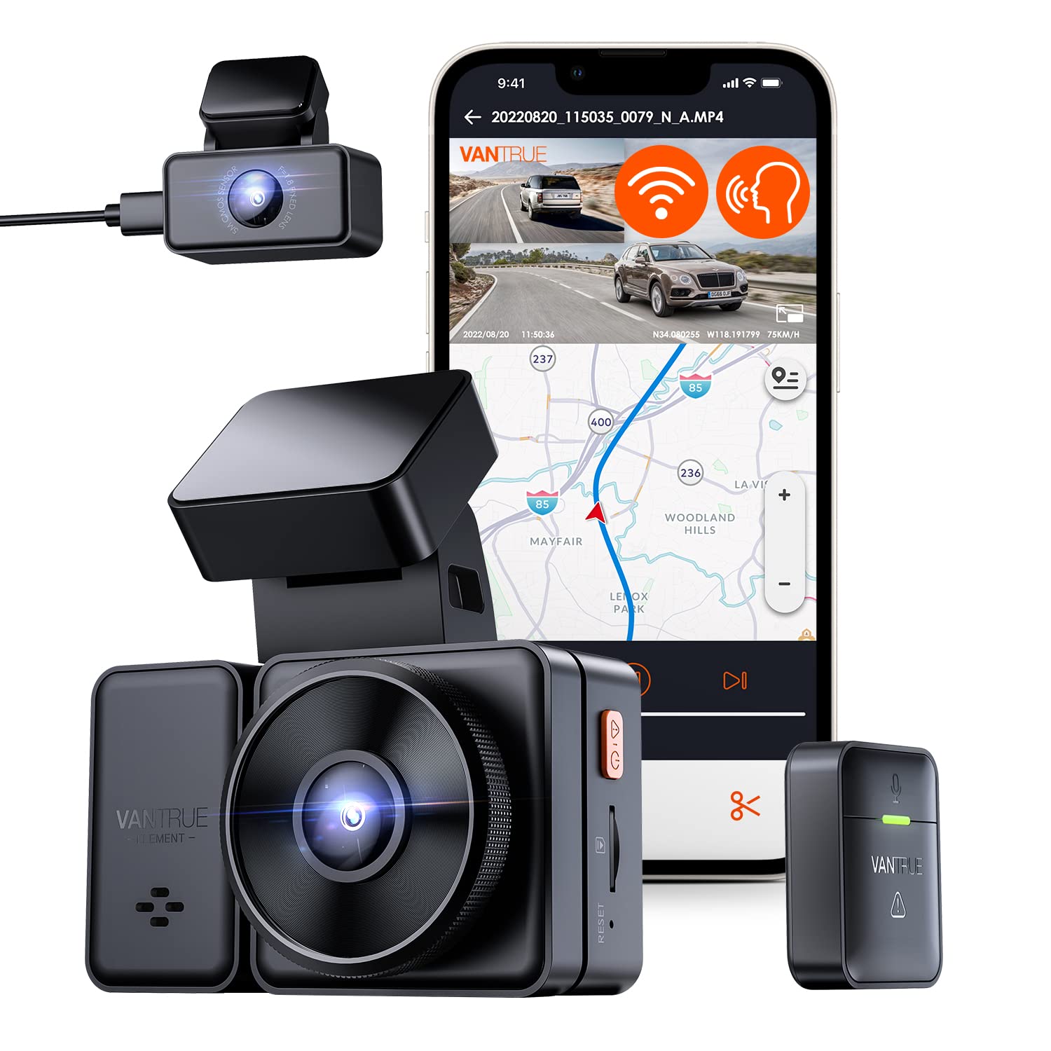 Vantrue E2 2.5K WiFi Dual Dash Cam With GPS, Voice Control Front And Rear 1944P+1944P 2.45 Mini Car Dash Camera