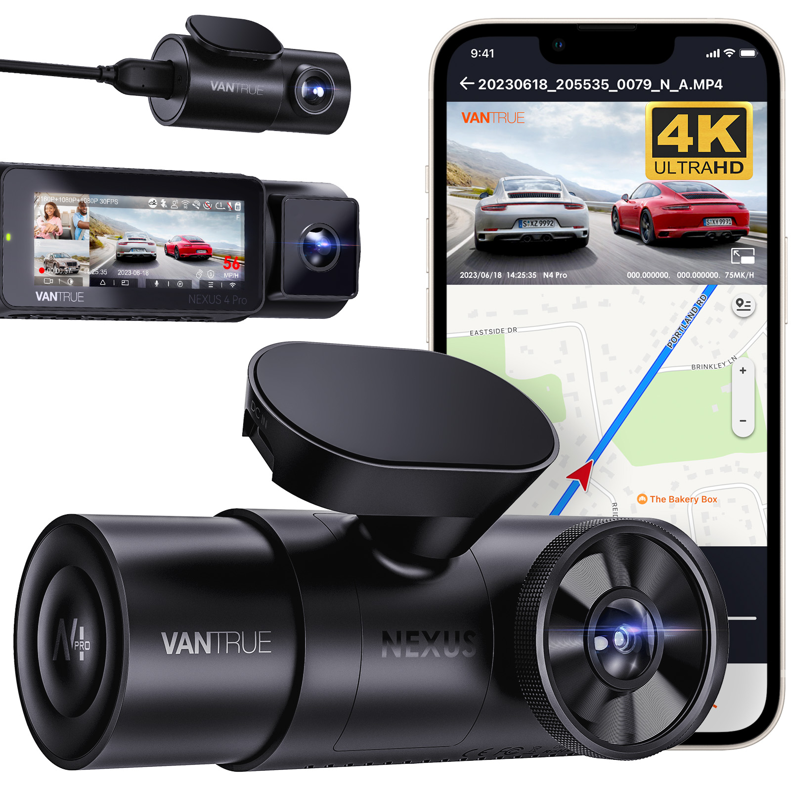 Vantrue Nexus 4 Pro 3-Channel Dash Cam - Real 4K SuperHD , Sony STARVIS 2 , Voice Control , GPS , Wi-Fi , Parking Mode