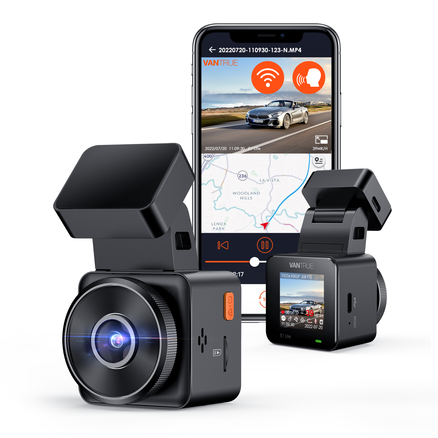 Vantrue E1 Lite , 1080P FHD Dash Cam For Car , Voice Control , 24 Hour Parking Mode , Built-in GPS , WiFi Connect & APP Control , HDR