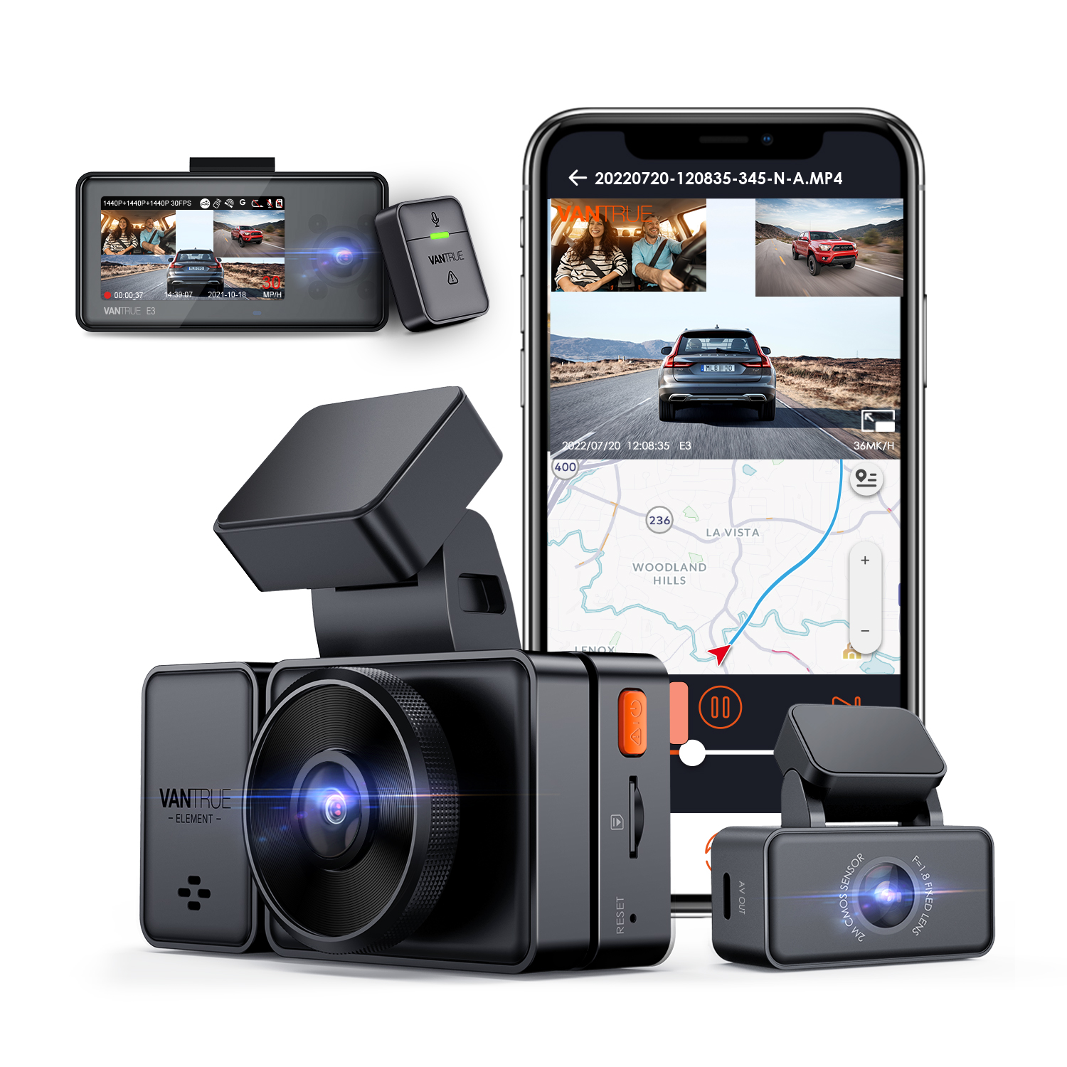 Vantrue E3 3-Channel Voice-controlled Smart Dashcam, Front, Inside And Rear Car Cam With Voice Control, 24 Hour Parking Mode