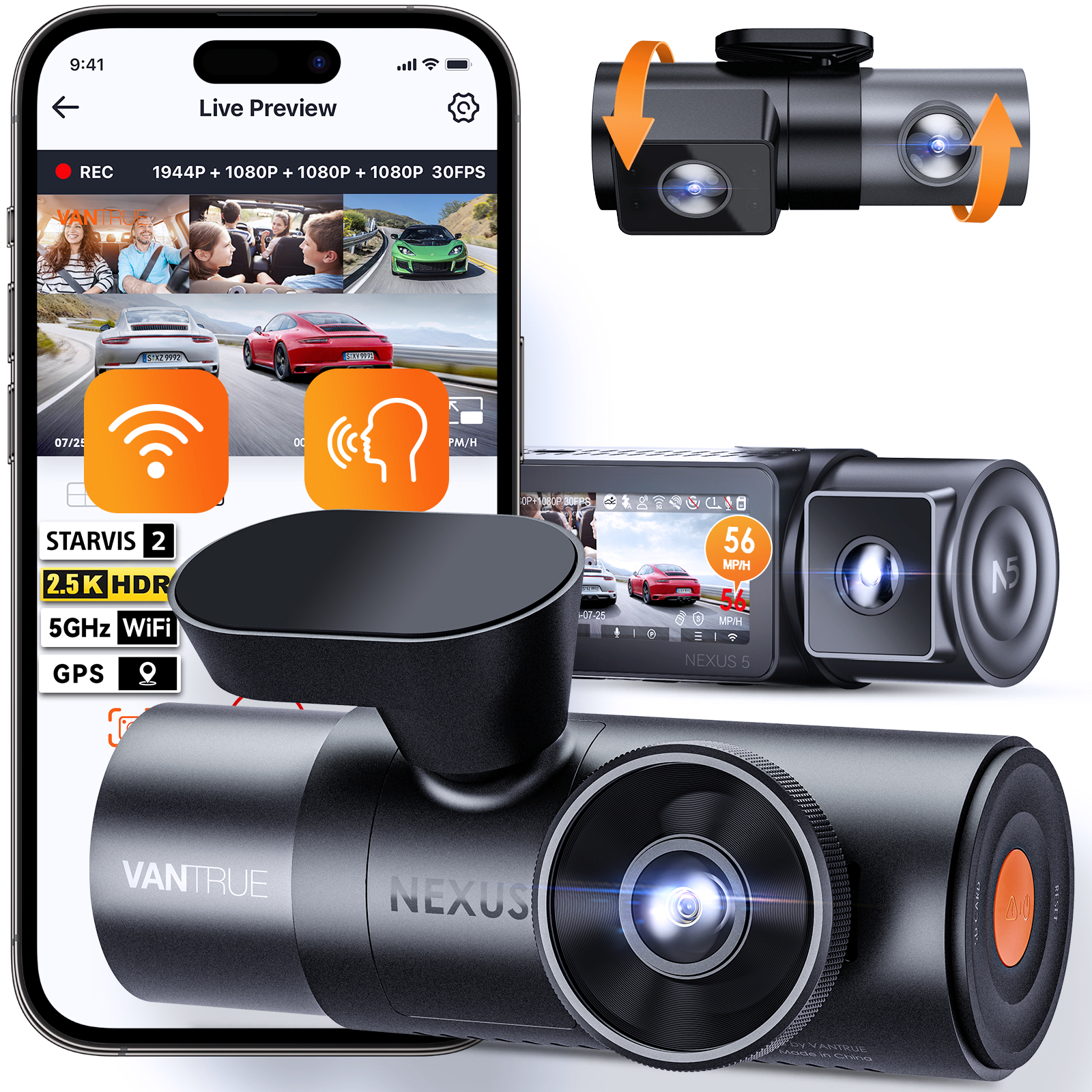 Vantrue N5 2.5K 4 Channel Dash Cam, 4 Way WiFi GPS Dash Camera for Car with Voice Control, IR Night Vision, 24Hrs Parking Mode, Motion Detection